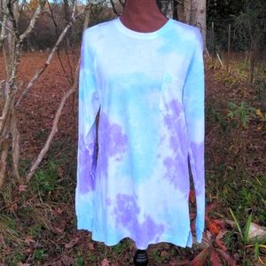 PINK Victoria's Secret Blue/Purple Tie Dyed Oversized Crew Neck Long Sleeve TShi